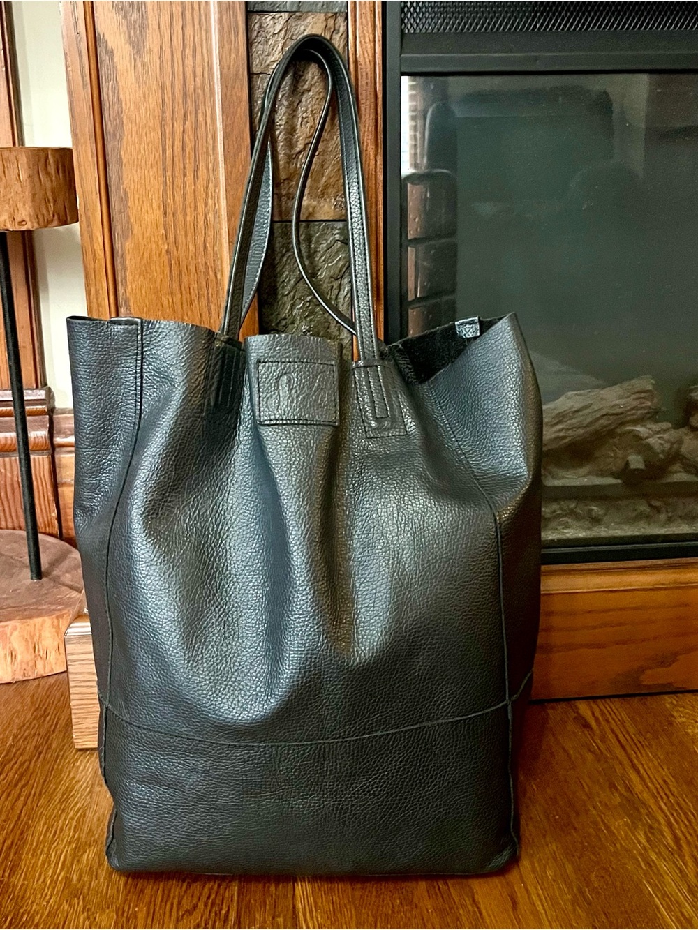 Sseko black leather tote bucket bag purse pebbled sustainable